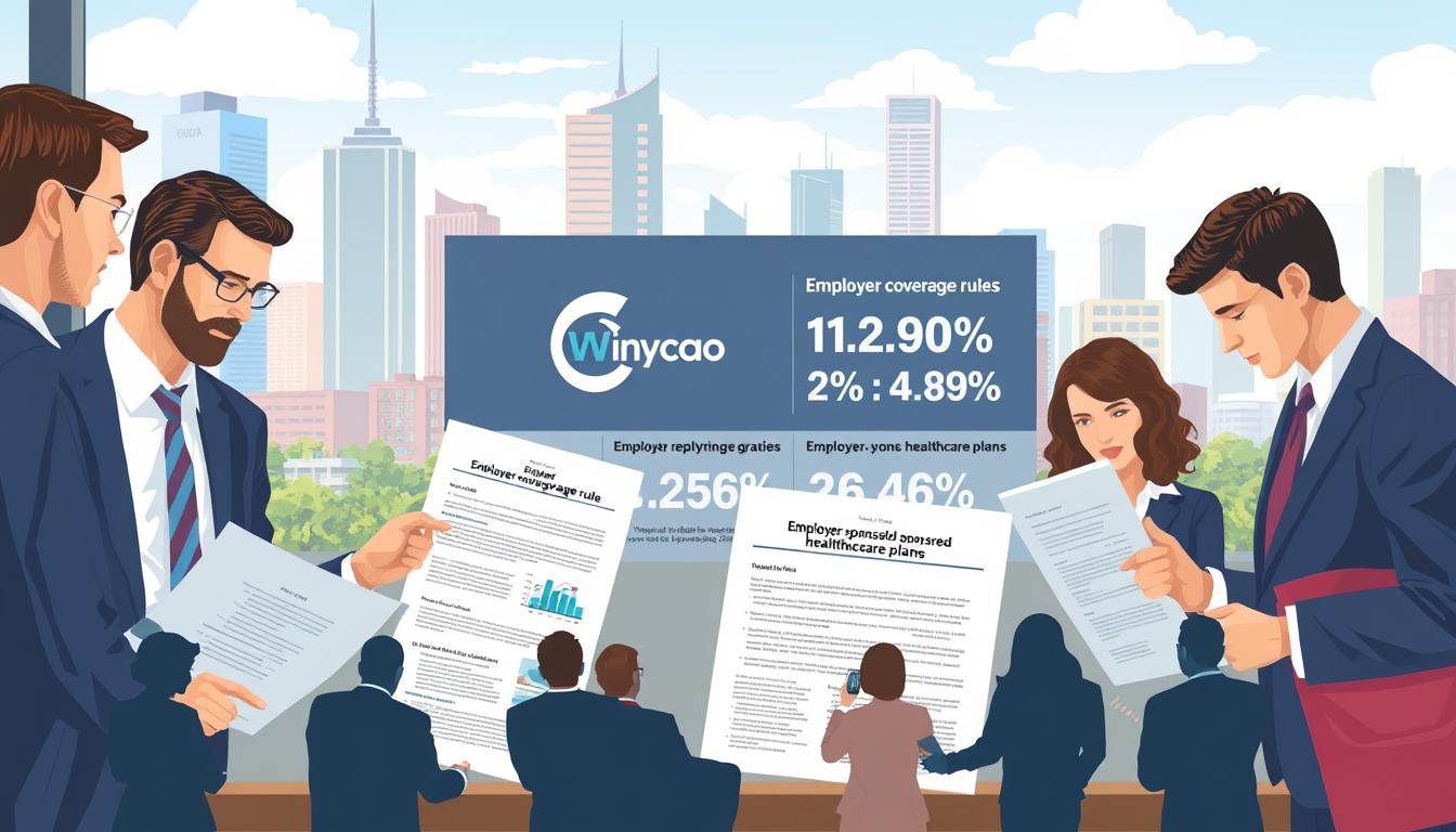 A well-lit, detailed illustration showcasing employer coverage rules. In the foreground, a group of professional-looking office workers deliberating over insurance policy documents. Midground depicts a large company logo and statistics on employer-sponsored healthcare plans. The background features a vibrant, clean cityscape with skyscrapers and a clear blue sky, conveying a sense of professionalism and authority. The overall scene should feel informative, authoritative, and visually engaging, suitable for an article on private health insurance considerations.