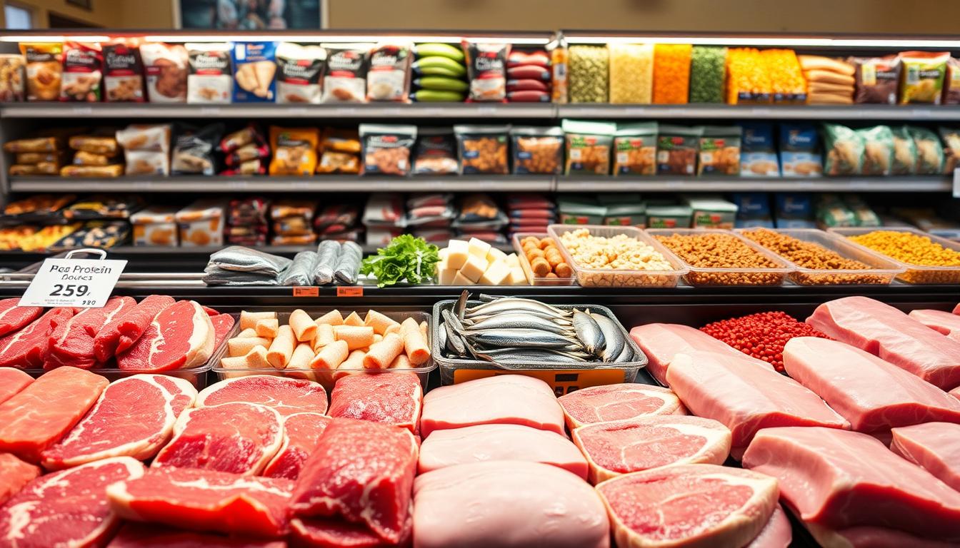 A well-lit display case showcases a variety of frozen protein-rich bargains. In the foreground, slabs of juicy beef, plump chicken breasts, and hearty pork chops are neatly arranged. The middle ground features a selection of frozen fish fillets and seafood, while the background reveals shelves stocked with economical plant-based protein options like frozen tofu and legumes. The scene is bathed in a vibrant, warm lighting, highlighting the freshness and quality of the frozen protein sources. A sense of abundance and value pervades the image, inviting the viewer to explore these budget-friendly, nutritious protein options.