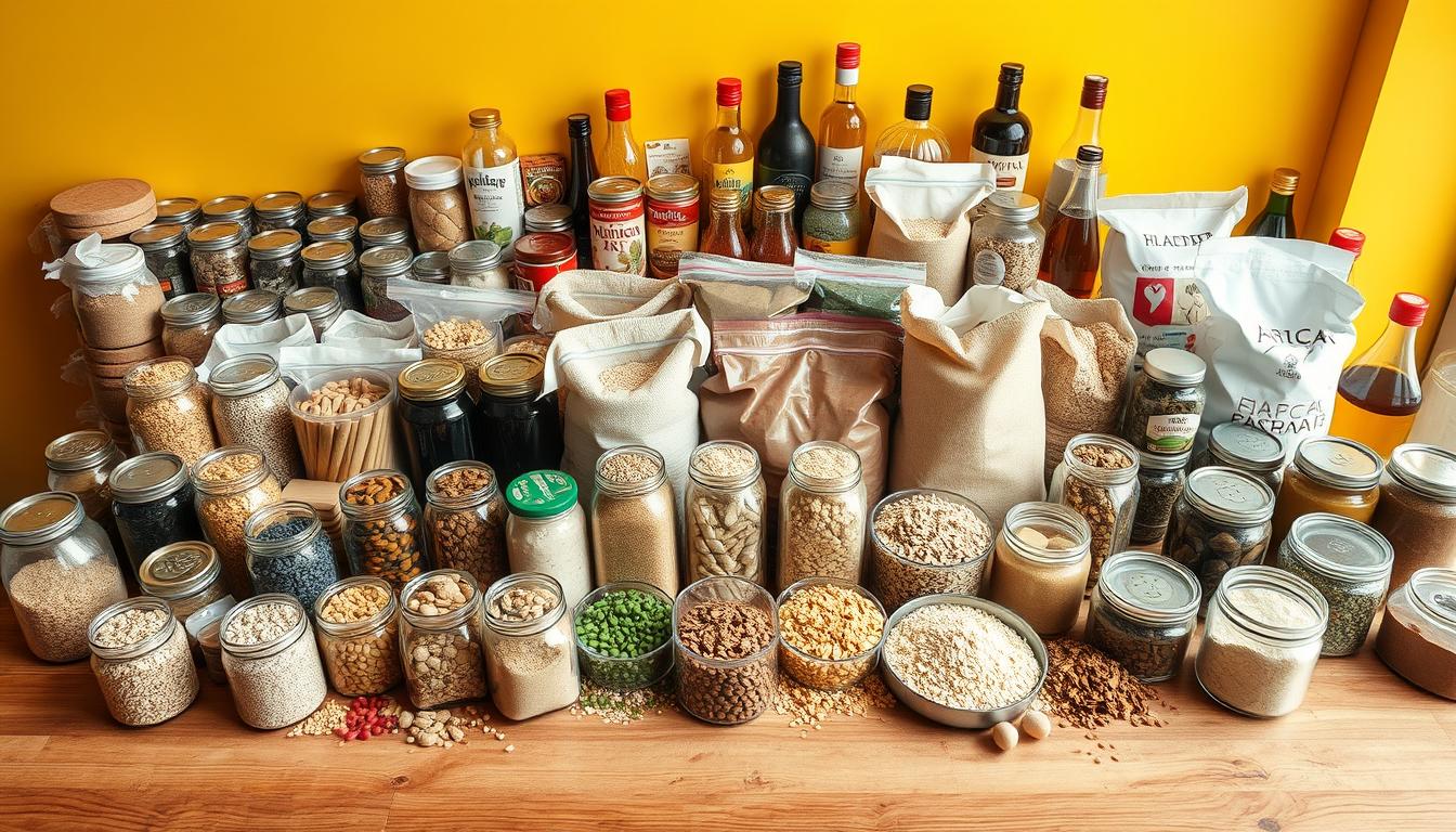 A well-lit, high-angle photograph of a large wooden table covered in an assortment of bulk pantry essentials. In the foreground, an array of glass jars filled with various grains, legumes, and spices are neatly arranged. In the middle ground, bags of rice, oats, and flour are stacked in an orderly fashion. In the background, a variety of canned goods, bottles of vinegar and oils, and other non-perishable items are displayed against a vibrant, minimalist backdrop, creating a sense of abundance and organization. The lighting is soft and diffused, highlighting the rich textures and colors of the ingredients, conveying a mood of warmth, practicality, and budget-friendly wellness.