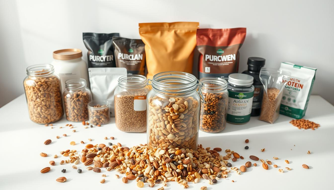 A well-lit, high-angle photograph showcasing a variety of bulk-sized nutritional products on a clean, minimalist white tabletop. In the foreground, large clear jars filled with nuts, grains, and dried fruits take center stage, their contents spilling out in a vibrant, visually appealing display. In the middle ground, larger bags and containers of protein powder, supplements, and other health-focused ingredients are neatly arranged, conveying a sense of abundance and variety. The background features a simple, uncluttered setting that allows the products to shine, with subtle shadows and highlights adding depth and dimension to the scene. The overall mood is one of efficiency, organization, and the financial benefits of bulk purchasing for healthy nutrition.