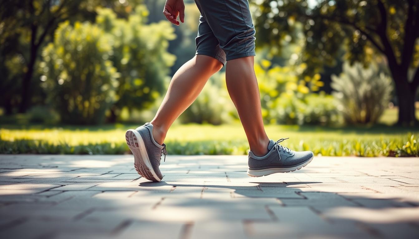 A well-lit, high-angle view of a person walking with proper form, demonstrating injury prevention techniques. The foreground shows their feet and legs in motion, with a focus on correct posture, stride, and ankle support. The middle ground depicts the person's upper body, highlighting the engagement of core muscles and the positioning of the spine. The background is a calming, vibrant outdoor setting, with lush greenery and natural lighting to convey a sense of wellness and vitality. The overall scene exudes a mood of mindful, energetic movement, inspiring the viewer to adopt safe, effective walking habits. A well-lit, high-angle view of a person walking with proper form, demonstrating injury prevention techniques. The foreground shows their feet and legs in motion, with a focus on correct posture, stride, and ankle support. The middle ground depicts the person's upper body, highlighting the engagement of core muscles and the positioning of the spine. The background is a calming, vibrant outdoor setting, with lush greenery and natural lighting to convey a sense of wellness and vitality. The overall scene exudes a mood of mindful, energetic movement, inspiring the viewer to adopt safe, effective walking habits.