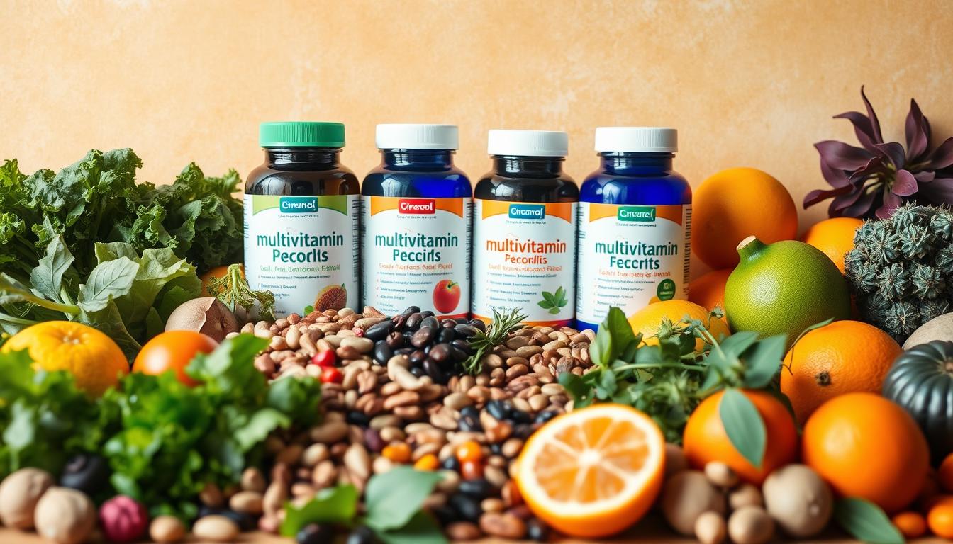 A well-lit, high-quality image showcasing an assortment of economical multivitamin and mineral sources. In the foreground, a diverse selection of whole foods like leafy greens, nuts, seeds, beans, and citrus fruits are prominently displayed, conveying the natural richness of these nutrient-dense ingredients. In the middle ground, several moderately-priced multivitamin supplement bottles are arranged neatly, highlighting accessible and affordable options. The background features a vibrant, harmonious color palette, perhaps with subtle textures or patterns that reinforce the theme of economical wellness. The overall composition should feel balanced, informative, and visually appealing, inviting the viewer to explore the variety of vibrant, budget-friendly multivitamin mineral sources.