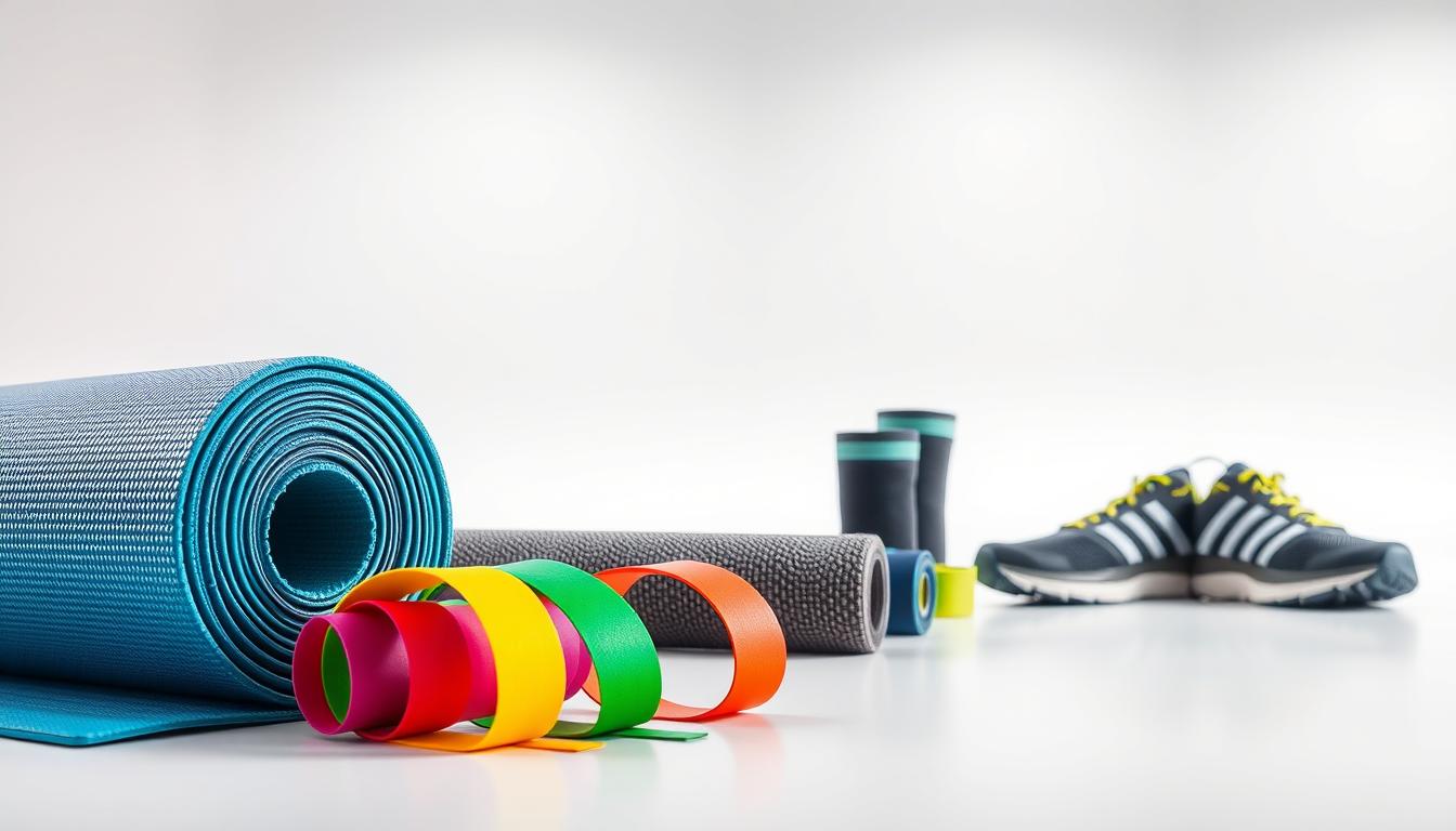 A well-lit, high-resolution image of an assortment of injury prevention essentials placed on a minimalist, white background. In the foreground, there is a colorful yoga mat, a set of resistance bands in vibrant hues, and a sturdy foam roller. In the middle ground, there are sleek, ergonomic wrist wraps, moisture-wicking compression sleeves, and a pair of high-quality athletic shoes. The background features a clean, clinical atmosphere with soft, even lighting, creating a sense of order and focus. The overall composition conveys a sense of preparedness and attention to detail, emphasizing the importance of comprehensive injury prevention in any fitness routine.
