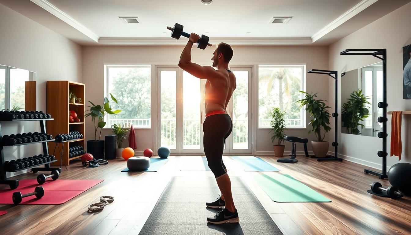 A well-lit home gym interior, with a cheerful, motivational atmosphere. In the foreground, a person performs a series of dynamic bodyweight exercises, their muscular form silhouetted against a vibrant backdrop. The middle ground features inspirational fitness equipment, dumbbells, and yoga mats, arranged in an aesthetically pleasing manner. The background showcases an expansive window, allowing natural light to flood the space, creating a sense of openness and energy. The overall scene conveys a vibrant, uplifting environment that encourages and empowers the viewer to embrace a healthy, active lifestyle through bodyweight training.