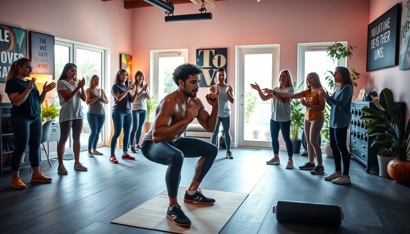 A well-lit home gym with a determined individual working out on their own, surrounded by a supportive circle of friends and family members offering encouragement. The foreground features the person doing squats or lunges, muscles engaged, face set with focus. The middle ground shows a group of people - some cheering, some offering a high-five or a supportive fist-bump. The background has vibrant, warm lighting, inspiring artwork on the walls, and potted plants, conveying a sense of motivation, community, and personal empowerment.