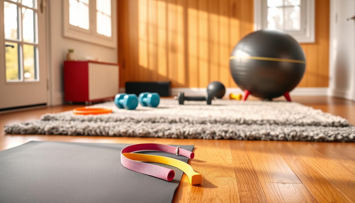 A well-lit home gym with a vibrant, minimalist aesthetic. In the foreground, a sturdy yoga mat and a set of colorful resistance bands. In the middle ground, a compact set of dumbbells and a sturdy exercise ball. The background features a hardwood floor with a plush, textured rug, bathed in warm, natural lighting from large windows. The overall scene conveys a sense of functionality, versatility, and cost-effectiveness, perfect for building a home gym on a budget.
