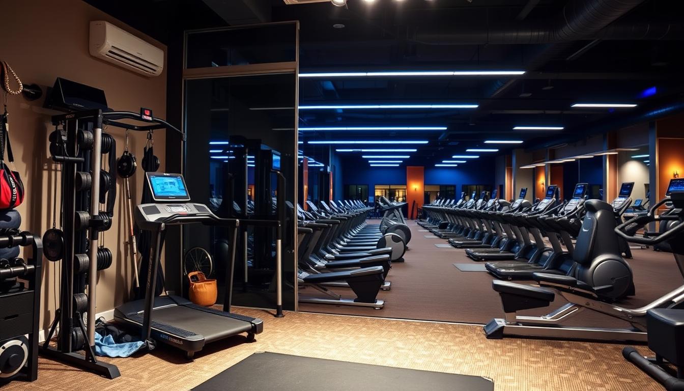 A well-lit home gym with an abundance of workout equipment, including a treadmill, weight rack, and exercise mat, occupies the foreground. In the background, a sleek, modern gym interior with rows of state-of-the-art machines and vibrant lighting. The contrast between the cozy, personalized home setup and the vast, public gym space highlights the convenience and adaptability of home workouts versus the space requirements and potential crowds of a gym membership.