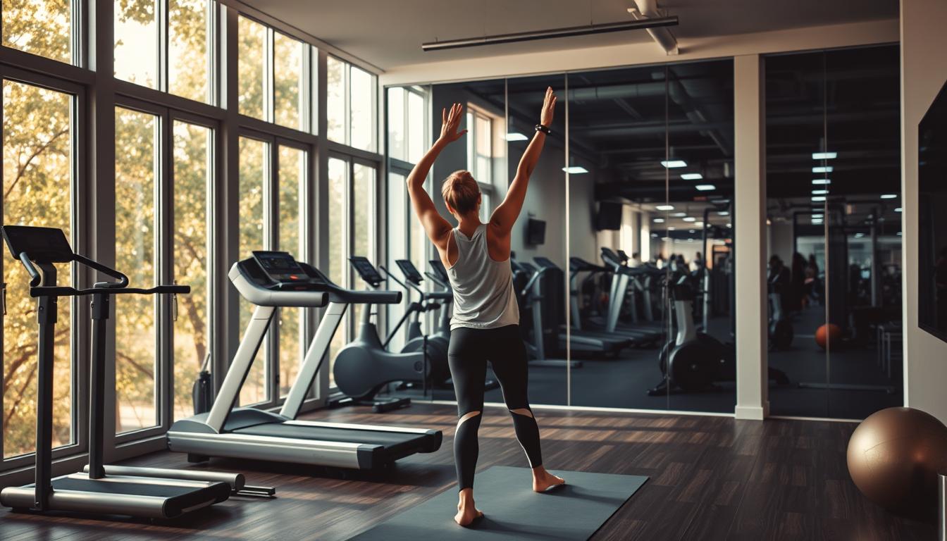 A well-lit home gym with floor-to-ceiling windows, featuring sleek exercise equipment like a treadmill, weight rack, and yoga mat. In the foreground, a person performs stretches with perfect form, radiating health and wellness. In contrast, the dimly lit commercial gym in the background is cluttered with machines, weights, and crowds of people, conveying a sense of potential injury and safety concerns. The scene is bathed in a vibrant, uplifting color palette, highlighting the benefits of a safe, personalized home workout environment.