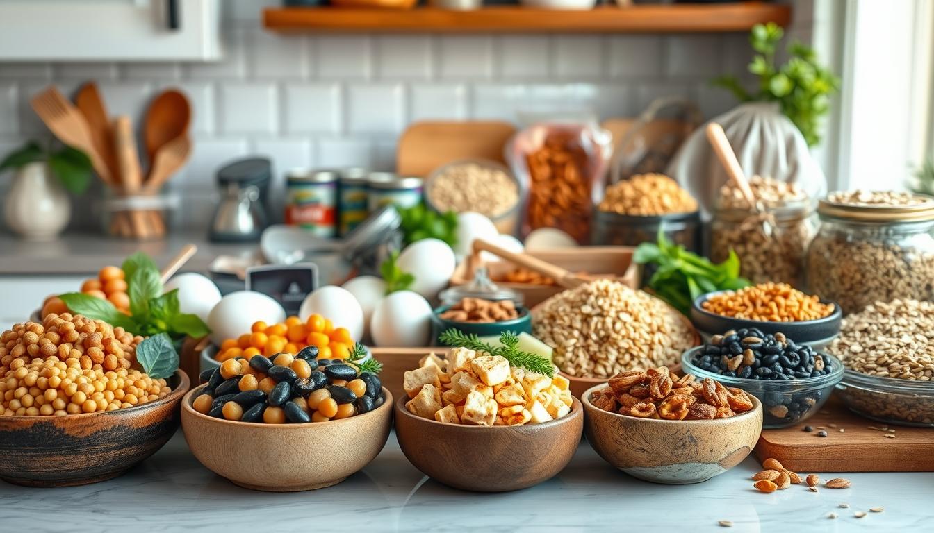 A well-lit kitchen counter displaying an array of diverse, budget-friendly protein-rich foods. In the foreground, a variety of legumes such as lentils, chickpeas, and black beans in rustic bowls. In the middle ground, eggs, tofu, and canned fish like sardines and tuna arranged neatly. The background features a selection of nuts, seeds, and grains like quinoa, oats, and pumpkin seeds, all in a vibrant, natural setting with soft, warm lighting.