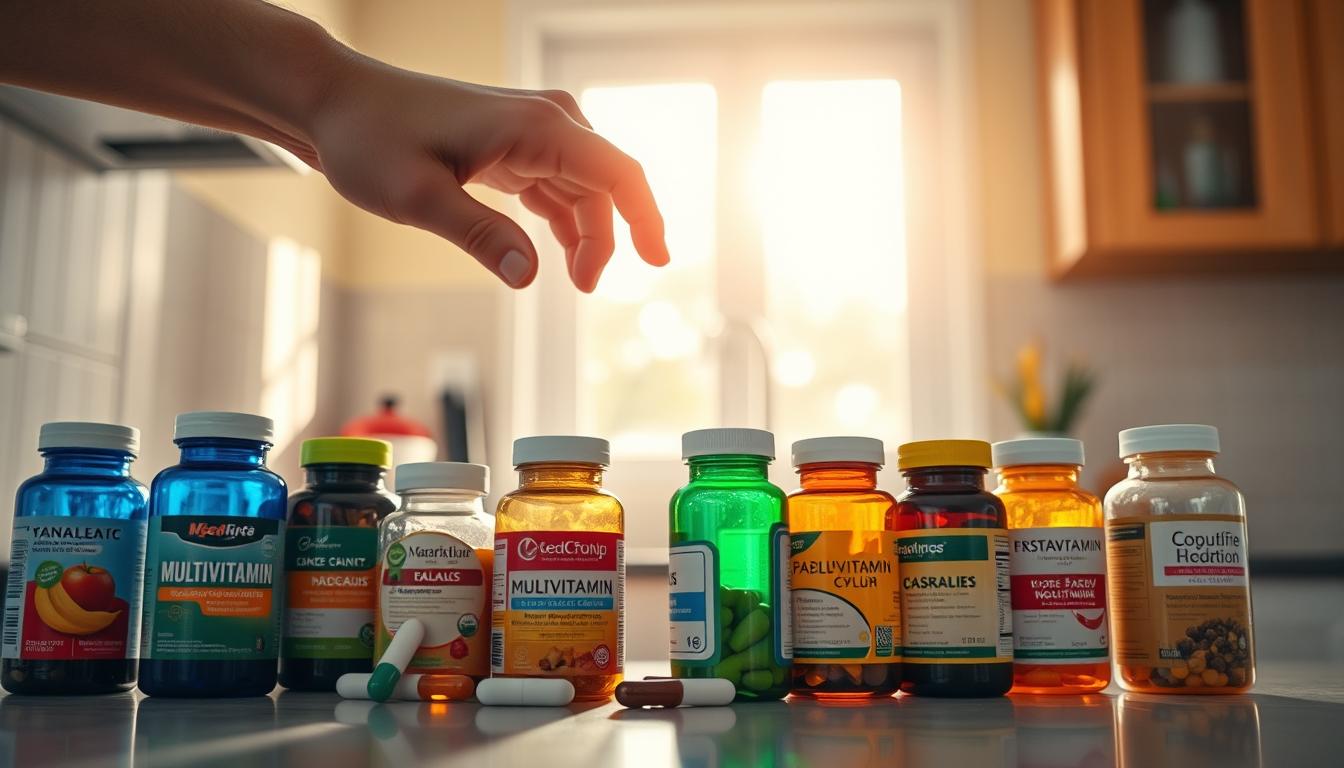 A well-lit kitchen countertop with an assortment of colorful multivitamin bottles in the foreground. In the middle ground, a person's hand reaches out to pick up a bottle, pondering the options. The background features a warm, vibrant light filtering through a window, casting a soft glow over the scene. The composition emphasizes the act of thoughtfully selecting the most cost-effective multivitamin, with a sense of care and consideration for one's health.