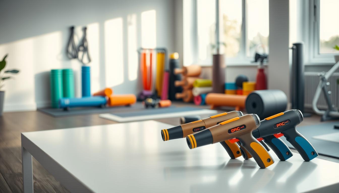 A well-lit, modern home gym setting. In the foreground, a selection of high-quality yet affordable massage guns in various colors are arranged neatly on a sleek, minimalist table. The guns have a sturdy, ergonomic design and vibrant accents. In the middle ground, various fitness accessories like resistance bands, yoga mats, and foam rollers are displayed, demonstrating a range of budget-friendly options. The background features a clean, airy space with large windows, allowing natural light to bathe the scene in a warm, vibrant glow. The overall atmosphere conveys a sense of accessible, effective fitness solutions that won't break the bank.