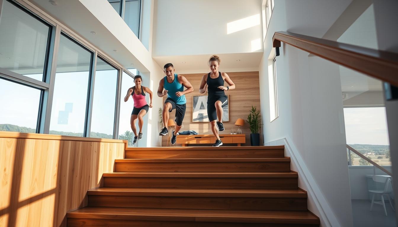A well-lit, modern home interior with a wooden staircase in the foreground. The staircase steps are interspersed with athletes performing high-intensity interval training, their dynamic movements captured in a series of action poses. The middle ground features minimal, contemporary decor, with large windows allowing natural light to flood the scene. The background showcases a serene outdoor landscape, hinting at the tranquility of a private residence. The overall atmosphere is vibrant, energetic, and inspires a sense of wellness and fitness within the domestic setting.