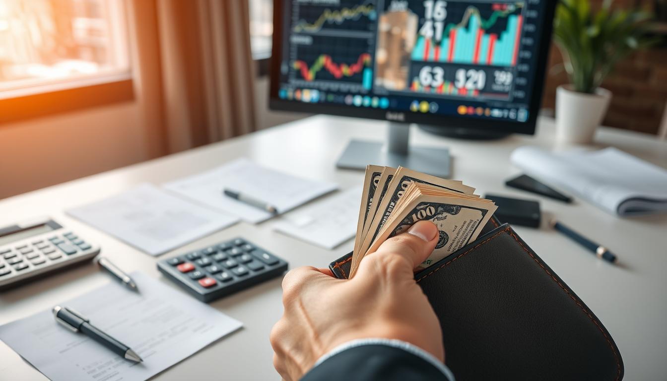 A well-lit office desk with a calculator, pen, and documents neatly arranged. In the foreground, a hand reaches into an open wallet, grasping a stack of US dollar bills, symbolizing the act of withdrawal. The mid-ground showcases a computer monitor displaying financial data and charts, conveying the digital aspect of managing finances. The background features a window overlooking a vibrant cityscape, adding a sense of urban sophistication to the scene. The overall mood is one of careful, considered financial management, with a touch of the modern, digital world.