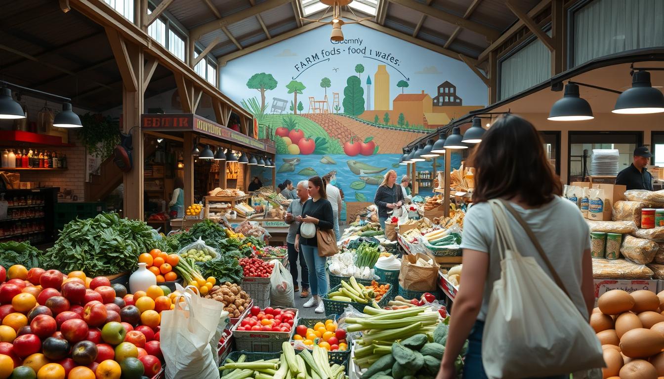 A well-lit open-air market, filled with an abundance of fresh produce, reusable bags, and shoppers engaged in sustainable practices. In the foreground, a shopper carefully selects seasonal fruits and vegetables, mindful of ripeness and quality. In the middle ground, stalls offer a variety of locally sourced grains, breads, and dairy products, all packaged in eco-friendly containers. The background features a vibrant mural depicting the lifecycle of food, from farm to table, emphasizing the importance of reducing waste. The overall scene conveys a sense of community, harmony, and a commitment to sustainable living.