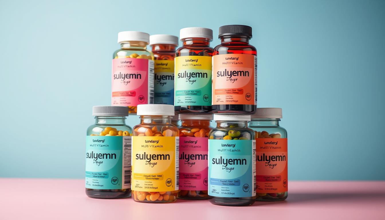 A well-lit product shot of a neatly arranged stack of colorful multivitamin bottles against a vibrant, minimalist background. The bottles feature clean, modern labels highlighting the "subscription savings" messaging. The image has a crisp, professional look with a touch of warmth, showcasing the cost-effective benefits of a multivitamin subscription plan.