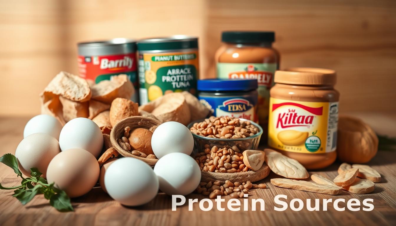 A well-lit still life arrangement featuring an assortment of affordable protein sources, including eggs, canned tuna, lentils, and peanut butter, arranged artistically on a wooden surface. The items are depicted in a warm, natural lighting with a shallow depth of field, highlighting the textures and colors of the various ingredients. The overall composition conveys a sense of simplicity, accessibility, and nutritional value, reflecting the theme of "Affordable Protein Sources."