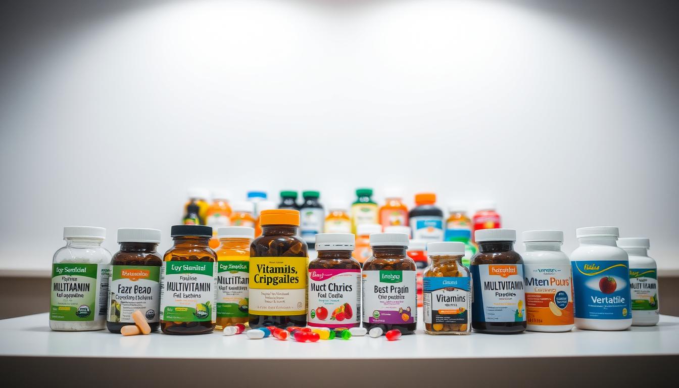 A well-lit table display showcases an assortment of affordable multivitamin bottles in the foreground. The mid-ground features a variety of vitamin supplements, such as tablets, gummies, and capsules, arranged in a visually appealing manner. The background is a clean, minimalist setting, allowing the products to take center stage. The lighting is soft and even, highlighting the vibrant colors and textures of the multivitamin options. The overall atmosphere conveys a sense of quality, accessibility, and a focus on consumer health and wellness.