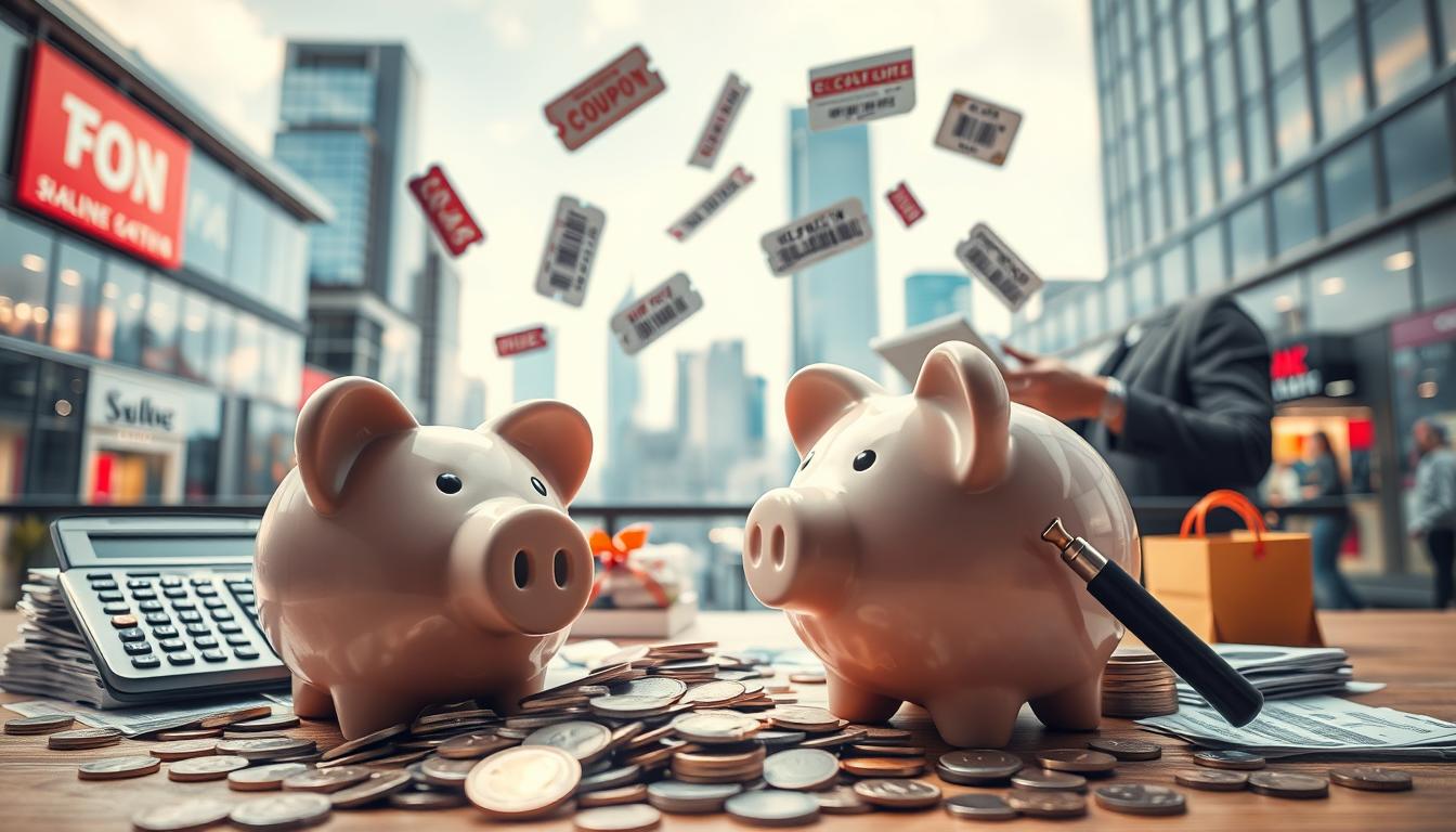 A well-lit, wide-angle tableau depicting various money-saving strategies. In the foreground, a piggy bank overflows with coins, surrounded by stacks of bills, a calculator, and a magnifying glass - signifying careful budgeting and financial analysis. The middle ground features a person comparison-shopping on a tablet, with price tags and coupon codes floating around them. In the background, a cityscape with modern high-rises and shops, hinting at the broader context of finding deals and discounts. The mood is one of organization, diligence, and a vibrant, hopeful outlook on personal finance.