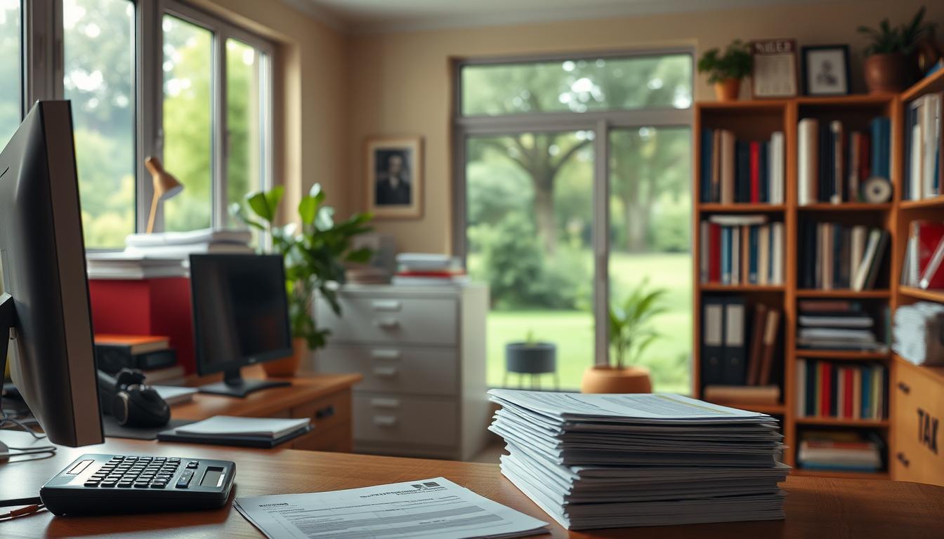 A well-organized home office with a warm, vibrant atmosphere. In the foreground, a desk with a computer, calculator, and a stack of tax documents. In the middle ground, a filing cabinet and bookshelves filled with tax-related resources. The background features a large window overlooking a lush, verdant landscape, bathed in soft, natural lighting. The overall scene conveys a sense of diligence, organization, and attention to detail in managing one's tax affairs. A well-organized home office with a warm, vibrant atmosphere. In the foreground, a desk with a computer, calculator, and a stack of tax documents. In the middle ground, a filing cabinet and bookshelves filled with tax-related resources. The background features a large window overlooking a lush, verdant landscape, bathed in soft, natural lighting. The overall scene conveys a sense of diligence, organization, and attention to detail in managing one's tax affairs.