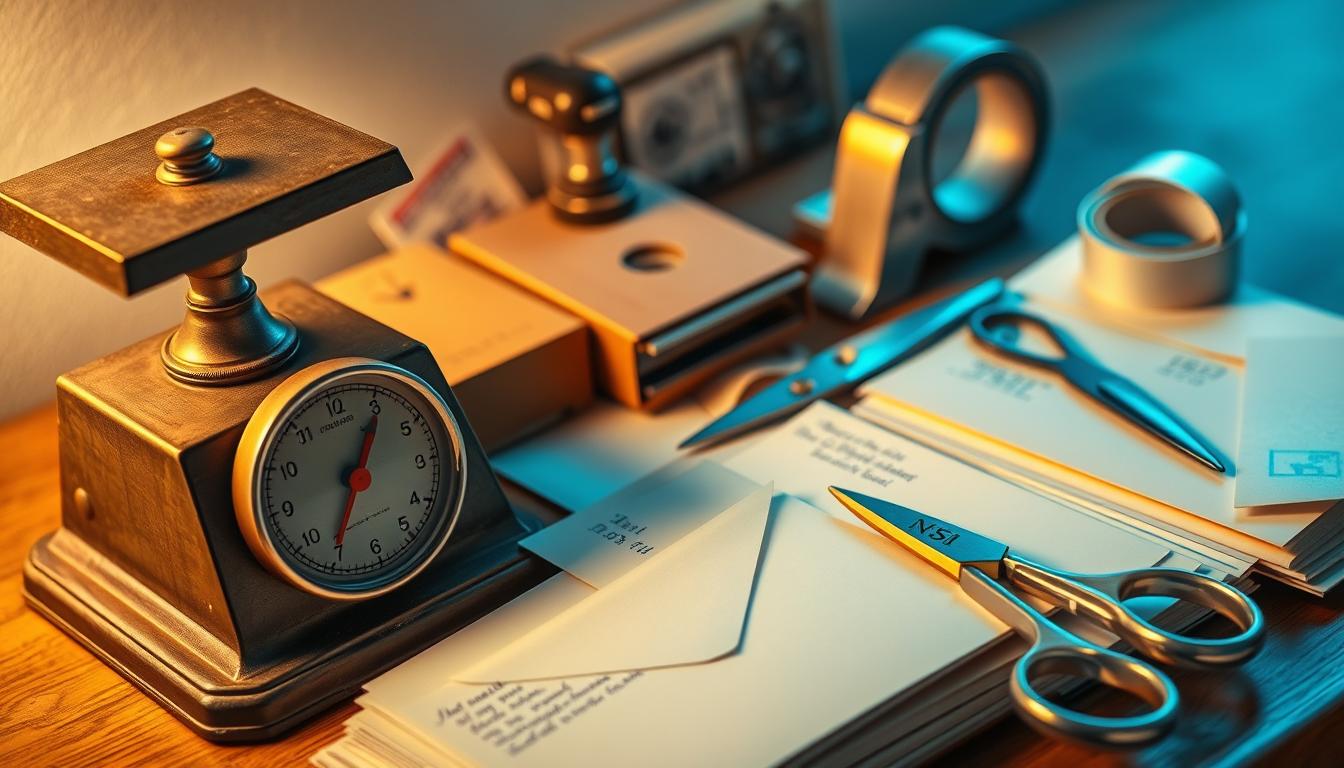 A well-organized workspace with an array of mailing supplies laid out neatly. In the foreground, a sturdy, vintage-inspired postal scale sits alongside a stack of envelopes in various sizes, some with handwritten addresses. The middle ground features a sleek, modern tape dispenser and a pair of sharp scissors, their metallic finish gleaming under the warm, vibrant lighting. In the background, a vintage-style postmark stamp and a roll of packing tape add to the functional, yet visually appealing scene. The overall atmosphere conveys a sense of efficiency and attention to detail, perfect for a section on tools and resources for finding local health insurance discounts.