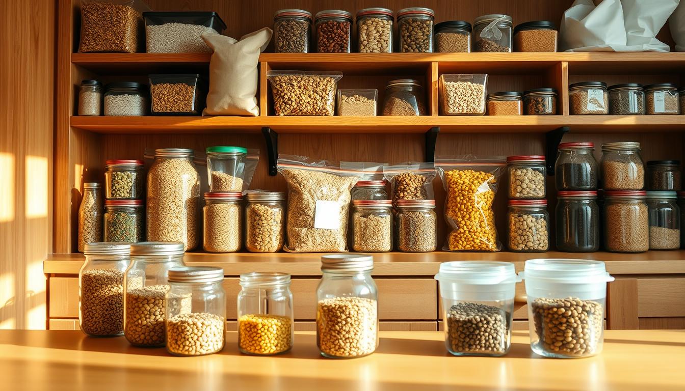 A well-stocked pantry with an array of bulk-bought whole foods, including grains, legumes, nuts, and spices, arranged neatly on wooden shelves. Soft, natural lighting illuminates the scene, casting warm shadows and highlighting the textures of the various ingredients. In the foreground, glass jars and reusable containers sit on a clean, vibrant countertop, showcasing the convenience and organization of a bulk buying approach to clean eating. The overall atmosphere conveys a sense of simplicity, efficiency, and a commitment to a healthy, sustainable lifestyle.