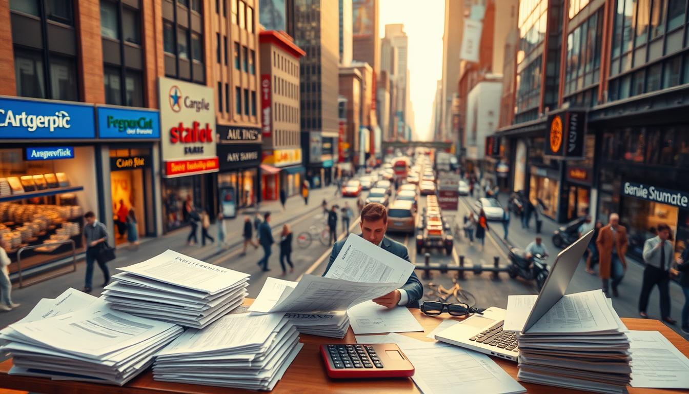 An aerial view of a bustling city street, with a central figure analyzing and comparing financial documents. The foreground depicts a detailed, well-dressed individual sitting at a desk, surrounded by stacks of paperwork, a laptop, and a calculator. The middle ground showcases the diverse urban landscape, with skyscrapers, shops, and pedestrians in the background, creating a sense of vibrancy and activity. The lighting is warm and inviting, casting a vibrant glow over the scene. The angle is slightly elevated, providing a panoramic perspective that emphasizes the depth and complexity of the comparison strategy being undertaken.