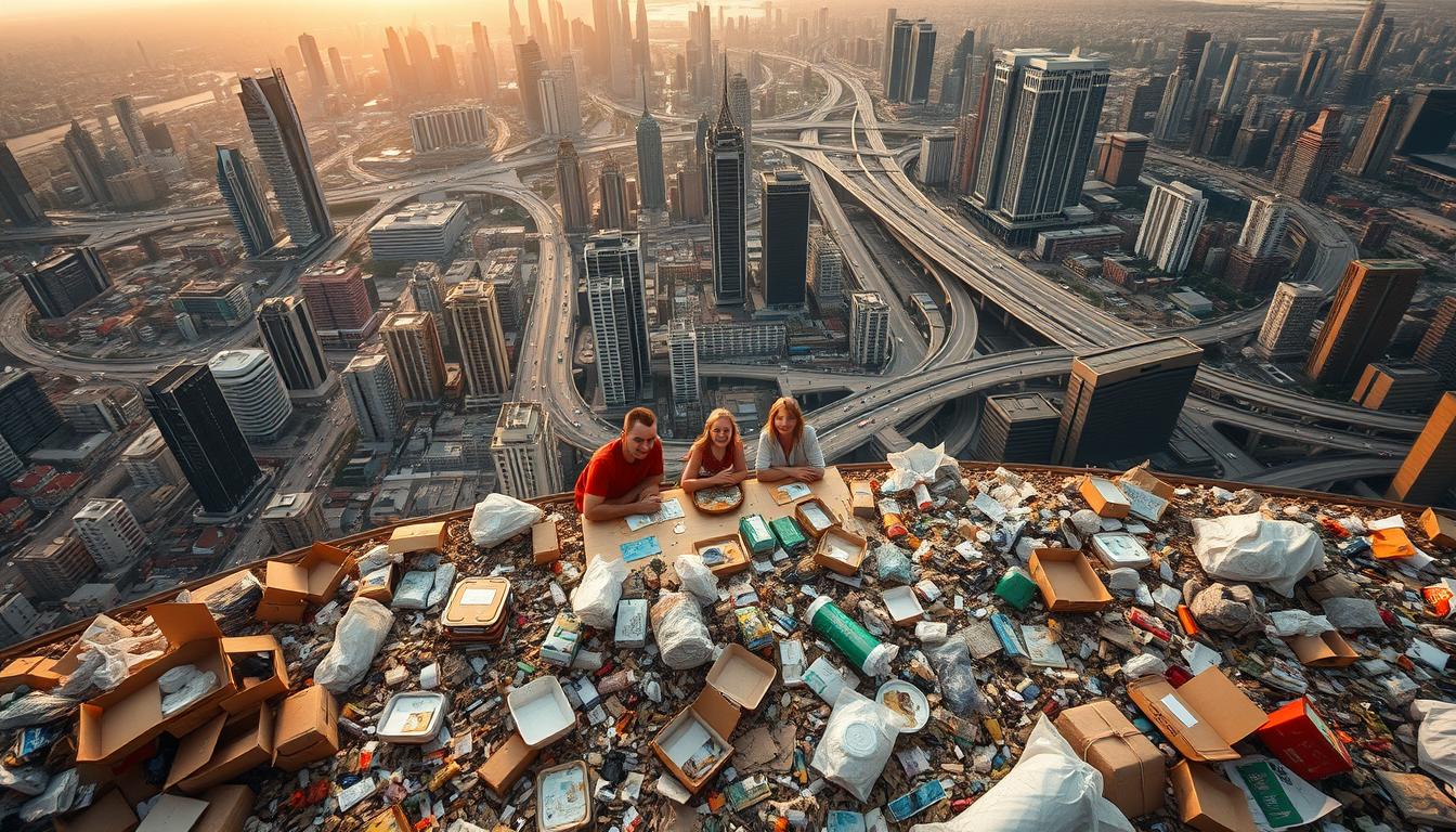 An expansive aerial view of a densely populated urban landscape, with towering skyscrapers and bustling highways. In the foreground, a stark contrast emerges as a family gathers around a table, surrounded by discarded packaging and containers from a convenient meal solution. The vibrant colors of the cityscape clash with the muted tones of the waste, highlighting the environmental impact of these modern meal choices. Warm, soft lighting bathes the scene, creating a contemplative atmosphere that invites the viewer to consider the trade-offs between convenience and sustainability. An expansive aerial view of a densely populated urban landscape, with towering skyscrapers and bustling highways. In the foreground, a stark contrast emerges as a family gathers around a table, surrounded by discarded packaging and containers from a convenient meal solution. The vibrant colors of the cityscape clash with the muted tones of the waste, highlighting the environmental impact of these modern meal choices. Warm, soft lighting bathes the scene, creating a contemplative atmosphere that invites the viewer to consider the trade-offs between convenience and sustainability.