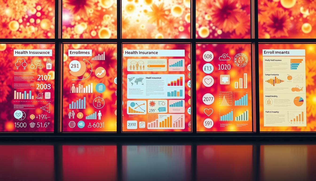 An expansive enrollment windows set against a vibrant backdrop, showcasing various health insurance options. The foreground features sleek, modern windows with clean lines and a polished aesthetic, conveying a sense of professionalism and expertise. The middle ground is filled with a diverse array of insurance icons, graphs, and data visualizations, highlighting the complexity and breadth of coverage choices. The background is a vibrant, colorful tapestry of warm hues, creating a welcoming and inviting atmosphere. Lighting is soft and diffused, casting a gentle glow over the scene, while the camera angle captures a slightly elevated perspective, lending an authoritative and informative tone.