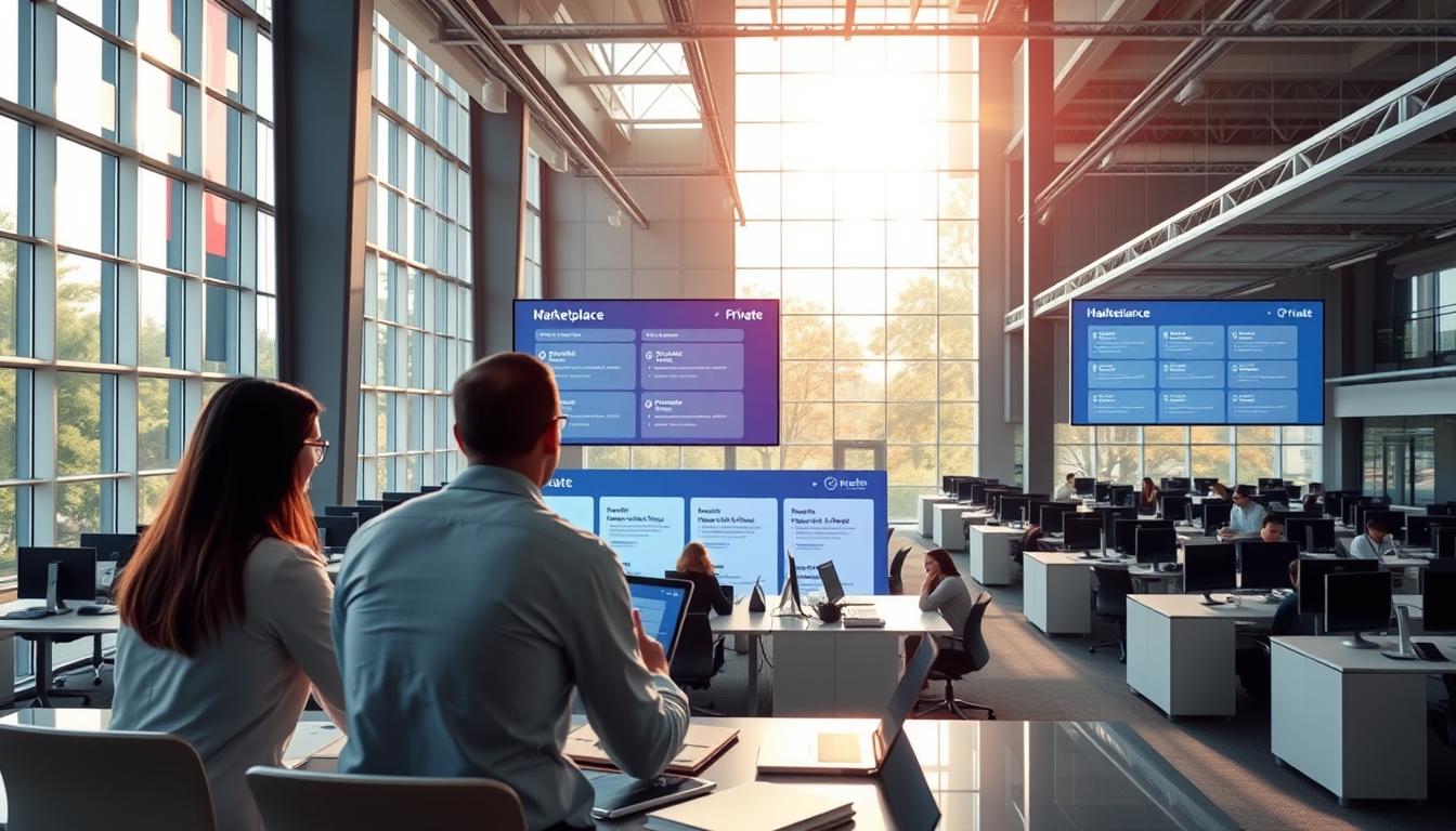 An expansive, modern office interior with floor-to-ceiling windows, flooded with vibrant natural light. In the foreground, two people sit at a desk, engaged in a discussion over documents, laptops, and a tablet. The middle ground features orderly rows of desks and cubicles, with professionals working diligently. In the background, a large screen displays a web interface showcasing various health insurance plan options, highlighting the "Marketplace" and "Private" categories. The atmosphere is one of productivity, collaboration, and a sense of important decision-making around healthcare coverage.