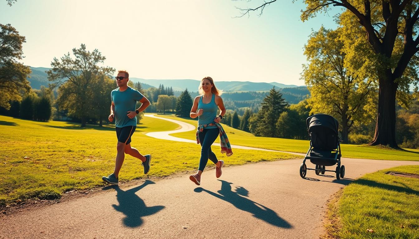 An expansive park landscape bathed in warm, vibrant sunlight. In the foreground, three individuals of varying fitness levels stride purposefully - a jogger, a brisk walker, and a leisurely stroller. Their movements are captured with a wide-angle lens, creating a sense of depth and scale. The middle ground features a winding path lined with lush greenery, while the background reveals rolling hills and a clear blue sky. The scene exudes a sense of energy, health, and the inclusive accessibility of walking as a fitness activity. An expansive park landscape bathed in warm, vibrant sunlight. In the foreground, three individuals of varying fitness levels stride purposefully - a jogger, a brisk walker, and a leisurely stroller. Their movements are captured with a wide-angle lens, creating a sense of depth and scale. The middle ground features a winding path lined with lush greenery, while the background reveals rolling hills and a clear blue sky. The scene exudes a sense of energy, health, and the inclusive accessibility of walking as a fitness activity.