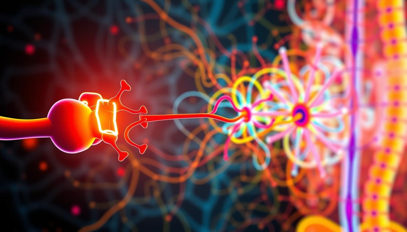 An intricate schematic diagram depicting the dynamic interplay between cholecystokinin (CCK) and its corresponding satiety receptors. In the foreground, a detailed illustration showcases the CCK hormone molecule binding to its target receptors, triggering a signaling cascade that communicates feelings of fullness and satiety. The middle ground features a vibrant, color-coded network of neural pathways, illustrating the transmission of these satiety signals from the gut to the brain. The background showcases a visually stunning, abstract representation of the complex physiological processes underlying appetite regulation. Rendered in a bold, vibrant palette, the image conveys the power and precision of CCK's role in governing our innate hunger and satiety mechanisms.