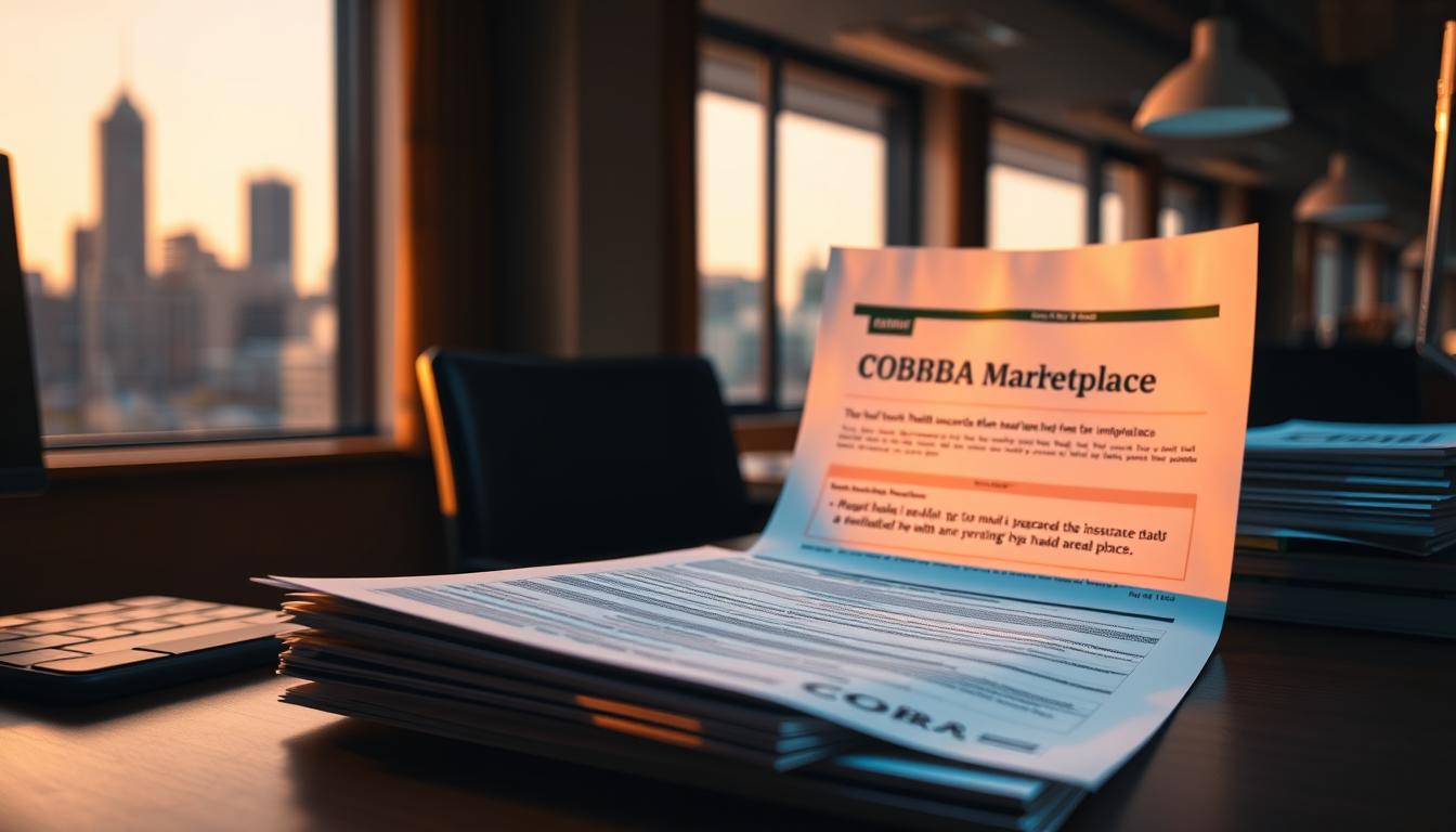 An office workspace, with a striking contrast between a COBRA health insurance plan document and a Marketplace health plan document prominently displayed on a desk. The documents are illuminated by warm, vibrant lighting, casting dynamic shadows and highlighting their details. In the background, a blurred view of a city skyline suggests the broader context of employment and healthcare options. The composition emphasizes the decision-making process, inviting the viewer to consider the advantages and drawbacks of each healthcare plan option.