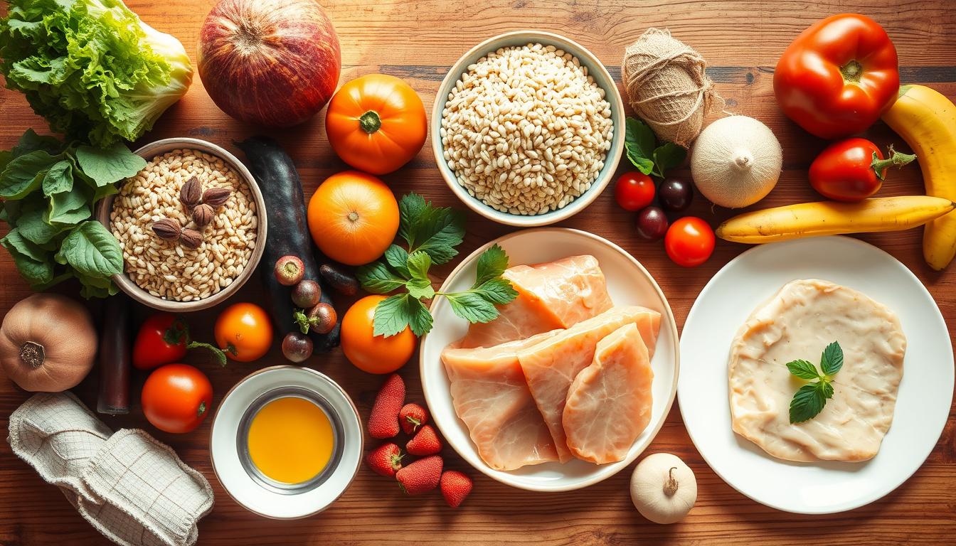 An overhead view of a wooden table displaying a variety of common macronutrient-rich foods, including a bowl of whole grains, a plate of lean protein, and a selection of fresh fruits and vegetables. The lighting is warm and natural, casting soft shadows and highlighting the vibrant colors of the produce. The layout is organized and symmetrical, emphasizing the cost-efficient nature of these basic, nutrient-dense ingredients. The background is blurred, keeping the focus on the carefully curated selection of macronutrient-rich foods. An overhead view of a wooden table displaying a variety of common macronutrient-rich foods, including a bowl of whole grains, a plate of lean protein, and a selection of fresh fruits and vegetables. The lighting is warm and natural, casting soft shadows and highlighting the vibrant colors of the produce. The layout is organized and symmetrical, emphasizing the cost-efficient nature of these basic, nutrient-dense ingredients. The background is blurred, keeping the focus on the carefully curated selection of macronutrient-rich foods.