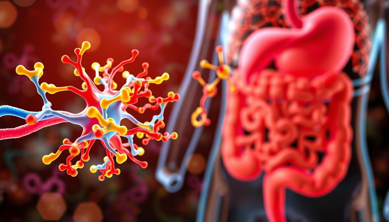 Colorful and vibrant 3D illustration of the CCK hormone signaling pathways. In the foreground, a detailed representation of the CCK receptor and its associated intracellular signaling cascades, including G-protein coupled activation, calcium mobilization, and downstream effects on digestive processes. In the middle ground, a network of interconnected neurons and enteroendocrine cells, highlighting the complex neuroendocrine regulation of CCK release and action. In the background, a stylized depiction of the gastrointestinal tract, with the pancreas, liver, and digestive organs visible, to provide anatomical context. The overall scene should convey a sense of dynamism and scientific precision, with a focus on elucidating the fundamental mechanisms underlying CCK hormone signaling.