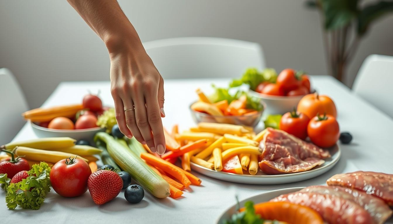 Colorful and vibrant close-up of a person's hand selecting various healthy food options on a table, including fresh fruits, vegetables, and lean proteins. The hand is reaching towards the food, symbolizing the influence of the hormone cholecystokinin (CCK) on food choices. The table is set with a clean, minimalist design, allowing the vibrant colors of the food to take center stage. Soft, natural lighting illuminates the scene, creating a calming and inviting atmosphere. The overall image conveys a sense of mindfulness and control over one's relationship with food, reflecting the theme of the article section.
