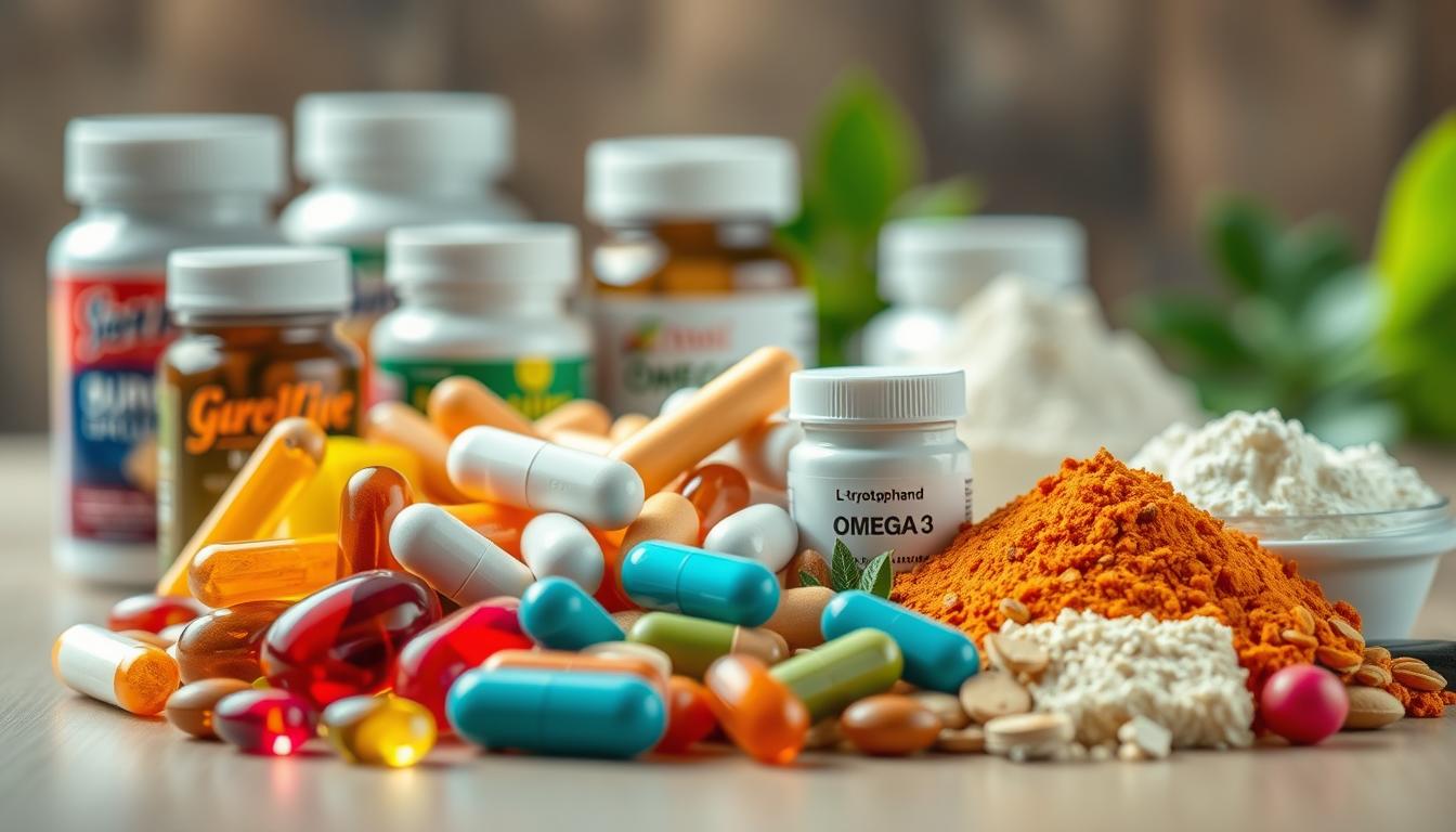 Colorful and vibrant close-up of various CCK-boosting supplements, including capsules, tablets, and powders. The foreground features a selection of high-quality, natural ingredients like omega-3 fatty acids, L-tryptophan, and chromium. The middle ground showcases the supplements in an artfully arranged display, with a soft, diffused lighting creating a warm, inviting atmosphere. The background is blurred, allowing the supplements to take center stage. The overall composition emphasizes the purity, potency, and efficacy of these targeted supplements designed to stimulate cholecystokinin (CCK) production for improved appetite control.