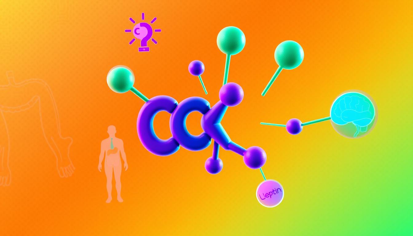 Colorful and vibrant depiction of CCK (cholecystokinin) hormone interacting with other hunger hormones like ghrelin and leptin. Foreground features a large, stylized CCK molecule in shades of blue, purple, and green, with other hormone icons orbiting around it. Midground shows simplified anatomical representations of the digestive system and brain, indicating the regulatory roles of these hormones. Background has a dynamic, textured gradient in warm tones, creating a sense of energy and movement. The overall composition conveys the complex interplay between CCK and other key hormones that influence appetite and satiety.