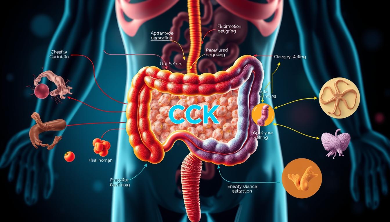Colorful and vibrant diagram illustrating the intricate interactions between the gut hormone CCK (cholecystokinin) and other weight-related hormones. Detailed cross-sectional view showcasing the hormonal signaling pathways, with CCK at the center. Emphasis on the regulatory roles of CCK in appetite, satiety, and energy balance, portrayed through clean, technical anatomical illustrations. Subtle background elements depicting the digestive system and metabolic processes. Crisp lighting and high-contrast rendering to enhance the educational value of the image. Precise, informative, and visually compelling depiction of the complex hormonal mechanisms involved in weight management. Colorful and vibrant diagram illustrating the intricate interactions between the gut hormone CCK (cholecystokinin) and other weight-related hormones. Detailed cross-sectional view showcasing the hormonal signaling pathways, with CCK at the center. Emphasis on the regulatory roles of CCK in appetite, satiety, and energy balance, portrayed through clean, technical anatomical illustrations. Subtle background elements depicting the digestive system and metabolic processes. Crisp lighting and high-contrast rendering to enhance the educational value of the image. Precise, informative, and visually compelling depiction of the complex hormonal mechanisms involved in weight management.