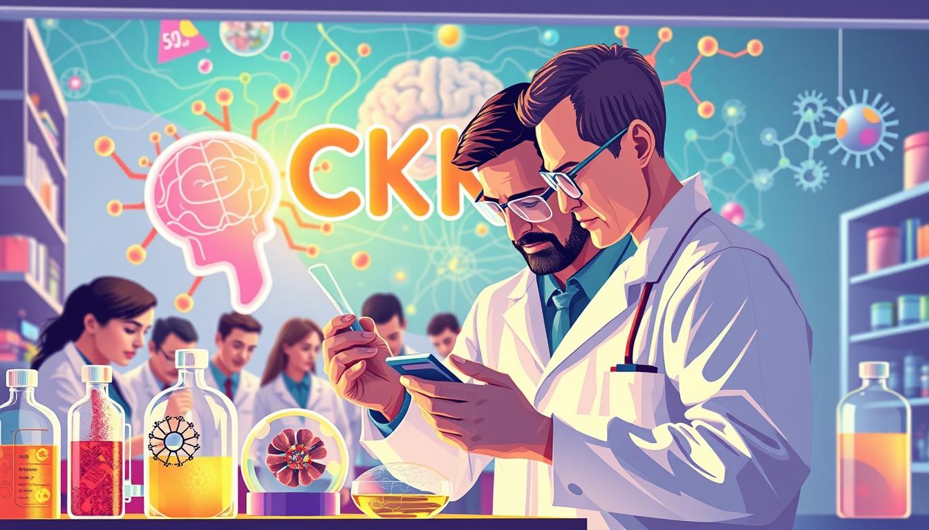 Colorful and vibrant illustration depicting the latest breakthroughs in CCK (cholecystokinin) hormone research. In the foreground, a group of scientists intently examining molecular models and data visualizations. Mid-ground shows state-of-the-art laboratory equipment and glassware. The background features a stylized visual representation of the CCK hormone structure, surrounded by neural pathways and brain imagery. Bright, warm lighting creates an atmosphere of scientific discovery and innovation. Rendered in a dynamic, editorial illustration style to capture the excitement and importance of these advancements in the field of appetite regulation and metabolism.