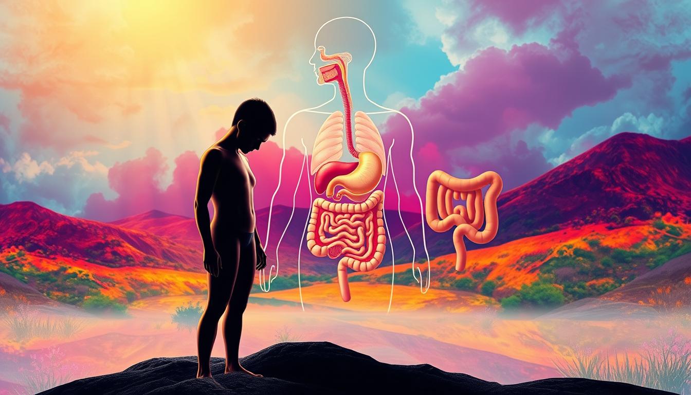 Colorful and vibrant illustration depicting the relationship between CCK (Cholecystokinin) and eating disorders. In the foreground, a stylized human figure struggles with distorted self-perception and unhealthy eating habits, their body in a state of imbalance. The middle ground showcases a detailed anatomical diagram of the digestive system, highlighting the role of CCK in regulating hunger and satiety signals. In the background, a vibrant, abstract landscape symbolizes the complex interplay between hormones, psychology, and physiology that contribute to eating disorders. The lighting is soft and warm, creating an atmosphere of introspection and understanding. The composition uses a combination of realistic and surreal elements to convey the multifaceted nature of this topic.
