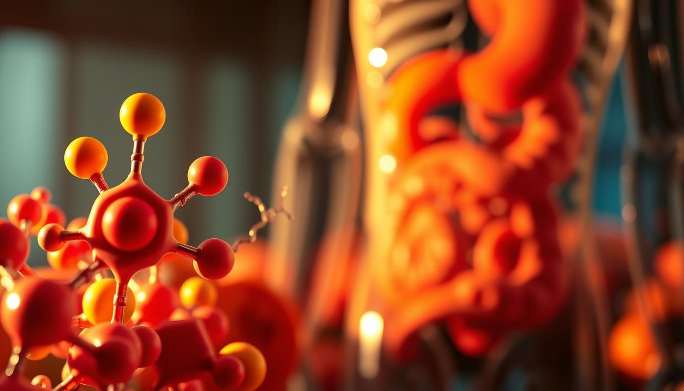 Colorful and vibrant illustration of appetite regulation hormones. In the foreground, a close-up view of a group of hormones such as leptin, ghrelin, and cholecystokinin (CCK), each represented by distinct shapes and colors. The middle ground showcases the complex interactions between these hormones, using flowing lines and organic forms to depict their signaling pathways. In the background, a blurred landscape of the human digestive system, with subtle hints of the physiological processes involved in appetite control. Warm lighting from the side casts dramatic shadows, adding depth and dimension to the overall composition. The scene conveys a sense of balance, highlighting the delicate interplay of these key regulators of hunger and satiety.