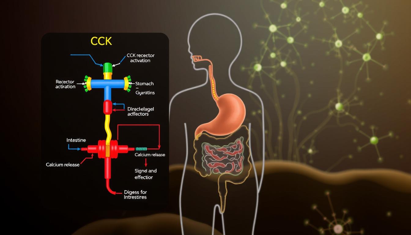 Colorful and vibrant illustration of the CCK signaling pathways. In the foreground, a detailed diagram depicting the CCK receptor activation and the downstream signaling cascades, including the involvement of G-proteins, calcium release, and the activation of key intracellular effectors. In the middle ground, a stylized representation of the digestive system, with the stomach and intestines highlighted to showcase the sites of CCK production and action. In the background, a muted landscape of neurons and synapses, representing the neural circuits that integrate CCK signals and relay them to the brain's hunger and satiety centers. The overall composition conveys the intricate and interconnected nature of the CCK signaling system, which plays a crucial role in regulating appetite and meal termination.