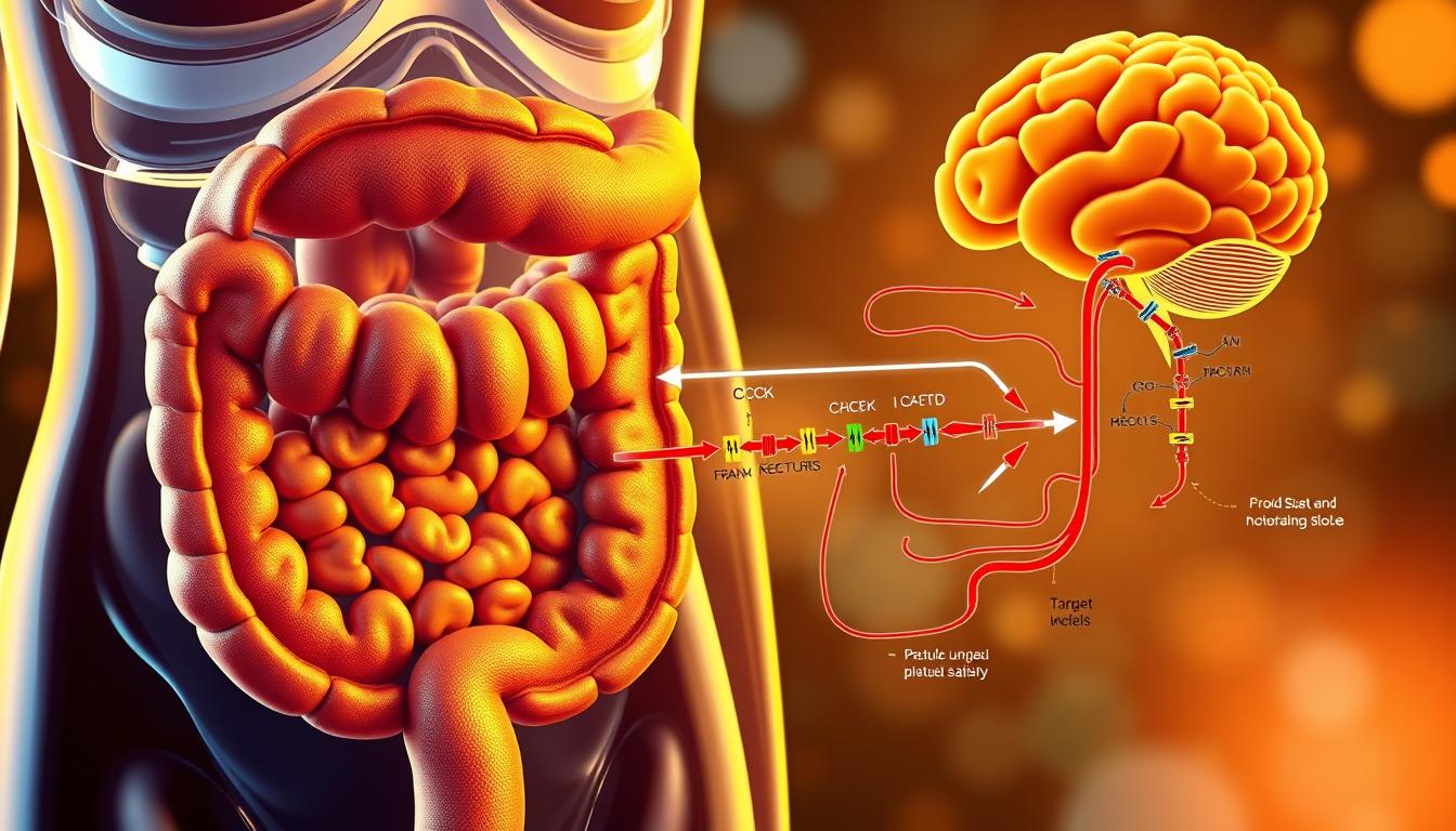 Colorful and vibrant scientific illustration depicting the regulation of food intake by cholecystokinin (CCK). In the foreground, a detailed cross-section of the small intestine showcases the production and release of CCK by specialized I-cells. In the middle ground, the molecular signaling cascade of CCK binding to its receptors on target cells, such as the pancreas and brain, is illustrated with dynamic arrows and chemical diagrams. The background features a stylized brain, representing the central integration of CCK signals to modulate hunger, satiety, and food-seeking behaviors. Warm lighting highlights the complexity of this physiological process, inviting the viewer to explore the modern approaches to optimizing CCK function.
