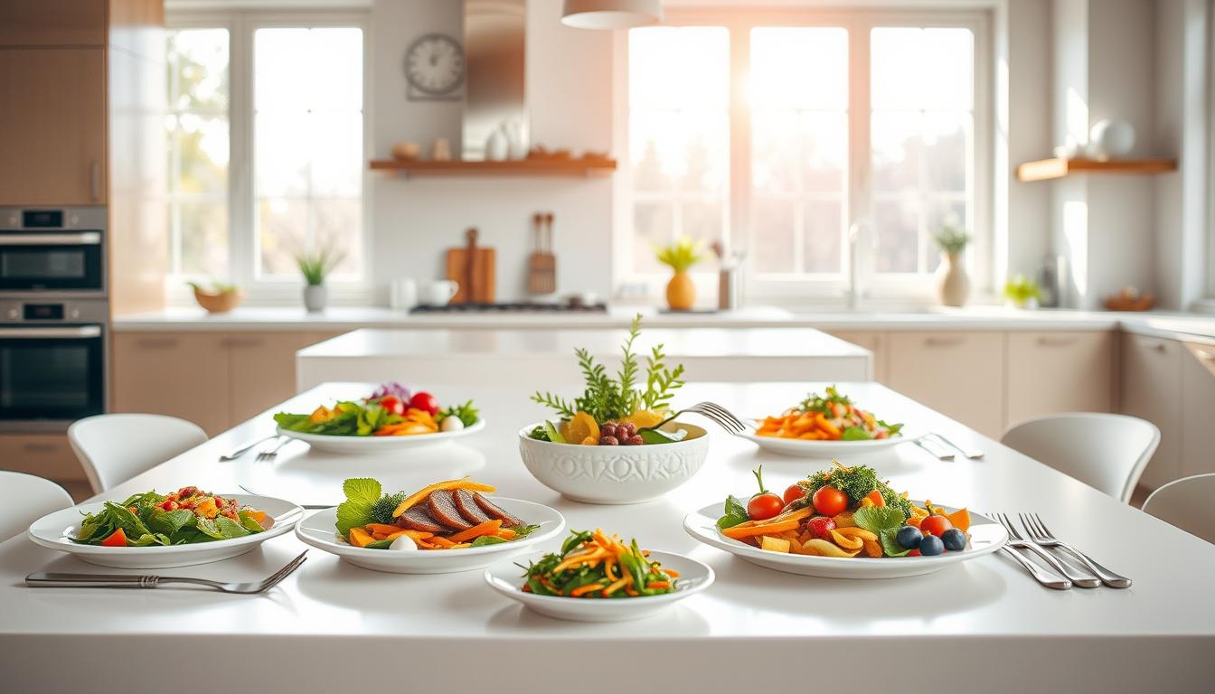 Colorful and vibrant step-by-step guide for smarter eating. Detailed illustrations of healthy, nutrient-dense meals on clean, minimalist table setting. Natural light filters through large windows, casting a soft, warm glow. Each step demonstrated with beautifully plated dishes, highlighting key ingredients and preparation techniques. Sleek, modern kitchen appliances and utensils in the background, complementing the overall refined, elegant aesthetic. Subtle color palette of earthy tones and pops of vibrant greens, reds, and yellows. Emphasis on clean, balanced compositions that guide the viewer through the step-by-step process.