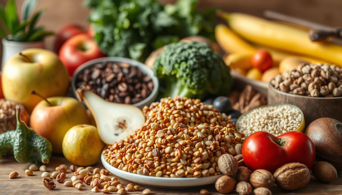 Colorful and vibrant still life composition showcasing a variety of high-fiber foods that stimulate the release of cholecystokinin (CCK), a hormone that enhances feelings of satiety and appetite control. In the foreground, an assortment of fresh fruits and vegetables including apples, pears, broccoli, and lentils. In the middle ground, a plate of whole grains such as quinoa and brown rice. The background features a selection of nuts, seeds, and legumes. The lighting is warm and natural, creating a cozy, inviting atmosphere. Captured with a shallow depth of field to emphasize the textures and colors of the diverse array of CCK-stimulating ingredients.