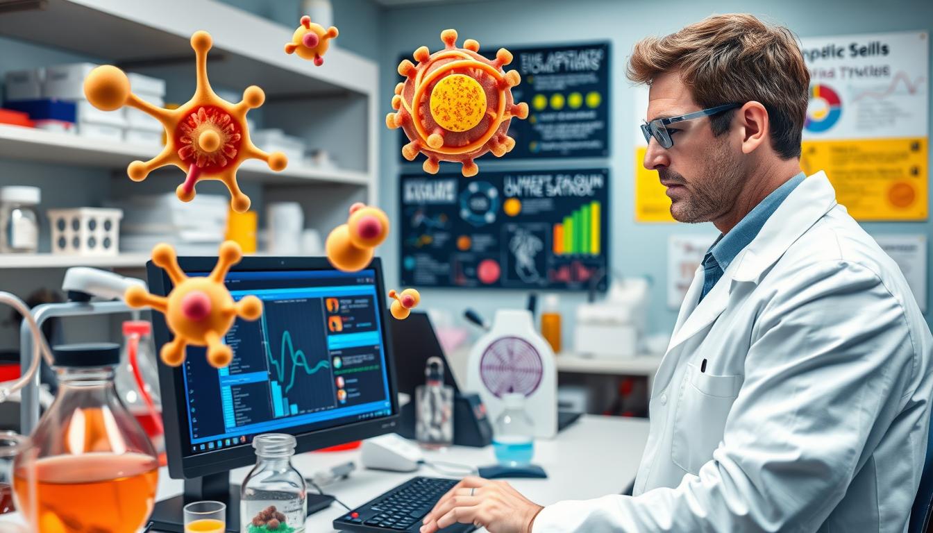 Colorful, vibrant laboratory setting showcasing recent breakthroughs in appetite hormone research. In the foreground, a scientist analyzing data on a computer monitor, surrounded by scientific equipment and glassware. In the middle ground, 3D molecular models and diagrams depicting the structure and function of hormones like cholecystokinin (CCK) that regulate satiety. The background features a wall-mounted display with infographics and visuals highlighting the latest discoveries and advancements in the field of appetite control.
