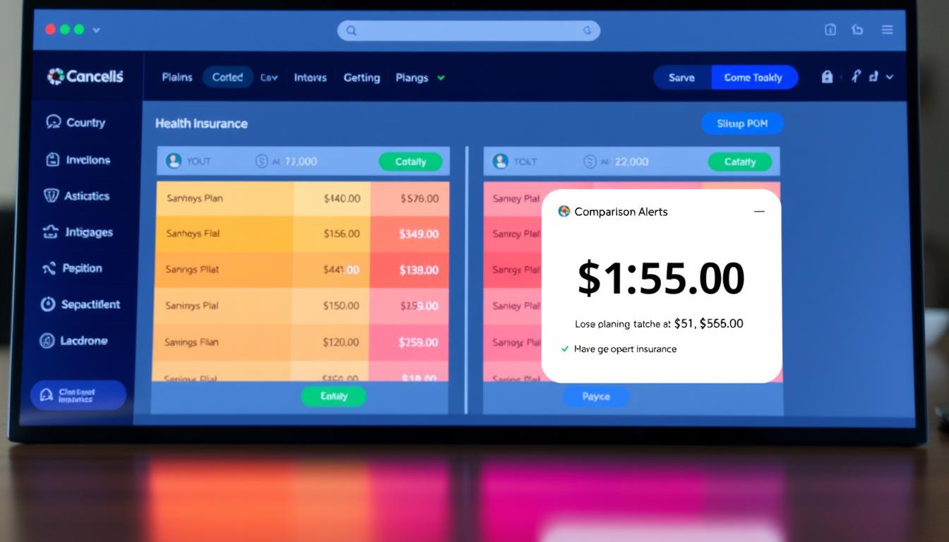 Comparison alerts: a vibrant visualization of price fluctuations. A modern desktop interface showcases side-by-side health insurance plans, their costs highlighted in a dynamic color scheme. Crisp icons and clean typography guide the user, while subtle gradients and reflections create depth. Alerts pop up in the foreground, drawing attention to significant price changes, empowering the viewer to make informed decisions faster. The overall mood is one of clarity, efficiency, and confidence in navigating the complex world of health insurance.