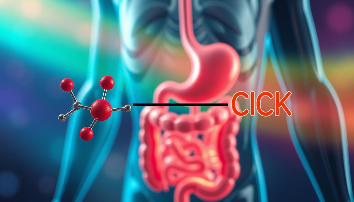 Detailed anatomical illustration of the hormonal regulation of appetite. Foreground depicts the interplay between the hunger-stimulating hormone ghrelin and the appetite-suppressing hormone CCK, represented by stylized hormone molecules. Middle ground showcases the digestive system, with emphasis on the stomach, pancreas, and small intestine - key sites of hormone production and action. Background features a vibrant, colorful gradient evoking the dynamic hormonal balance. Rendered in a precise, technical style with subtle cinematic lighting and depth of field to convey a sense of scientific accuracy and visual impact.