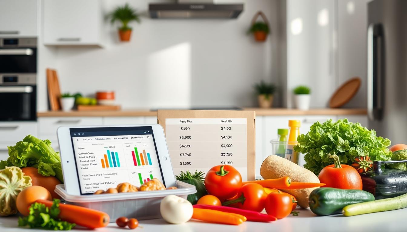 Detailed meal kit cost comparison arranged in a well-lit, vibrant still life. In the foreground, a variety of fresh, colorful ingredients are neatly displayed, accompanied by a reusable meal kit container. In the middle ground, a digital tablet showcases detailed pricing information, charts, and calculations comparing the costs of meal kits versus traditional grocery shopping. The background features a clean, minimalist kitchen setting with sleek appliances and natural lighting, emphasizing the contemporary, high-quality aesthetic of the meal kit experience. The overall composition conveys a sense of careful curation, practicality, and data-driven decision making. Detailed meal kit cost comparison arranged in a well-lit, vibrant still life. In the foreground, a variety of fresh, colorful ingredients are neatly displayed, accompanied by a reusable meal kit container. In the middle ground, a digital tablet showcases detailed pricing information, charts, and calculations comparing the costs of meal kits versus traditional grocery shopping. The background features a clean, minimalist kitchen setting with sleek appliances and natural lighting, emphasizing the contemporary, high-quality aesthetic of the meal kit experience. The overall composition conveys a sense of careful curation, practicality, and data-driven decision making.