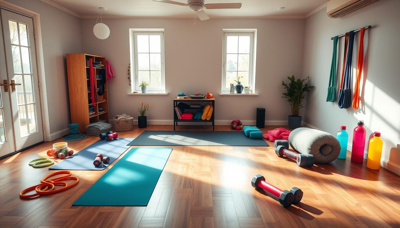 Energetic home gym setup with free workout motivation equipment. Sleek minimalist space with wooden floors, bright natural lighting from large windows, and colorful resistance bands, jump ropes, and dumbbells casually arranged. Vibrant accessories like yoga mats, towels, and water bottles add pops of color. Warm, inviting atmosphere encourages at-home fitness. High-angle camera perspective showcases efficient, budget-friendly home gym hacks.